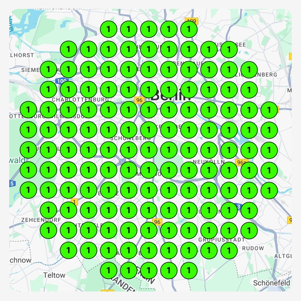 After: rank grid over the city, every marker green at position 1