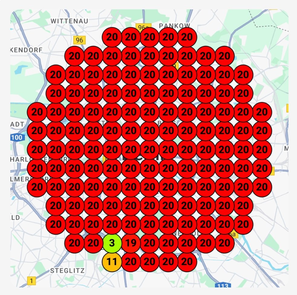 Before: rank grid over the city, every marker red at position 20, one green 3 and one orange 11 near the office