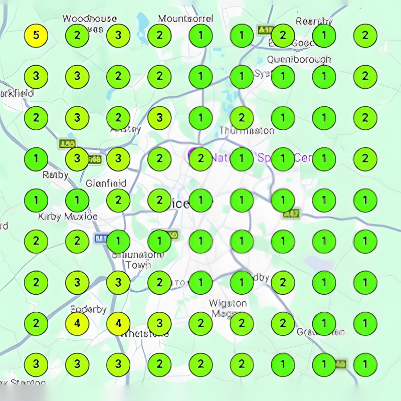Rank grid with green 1 to 3 markers across the whole area