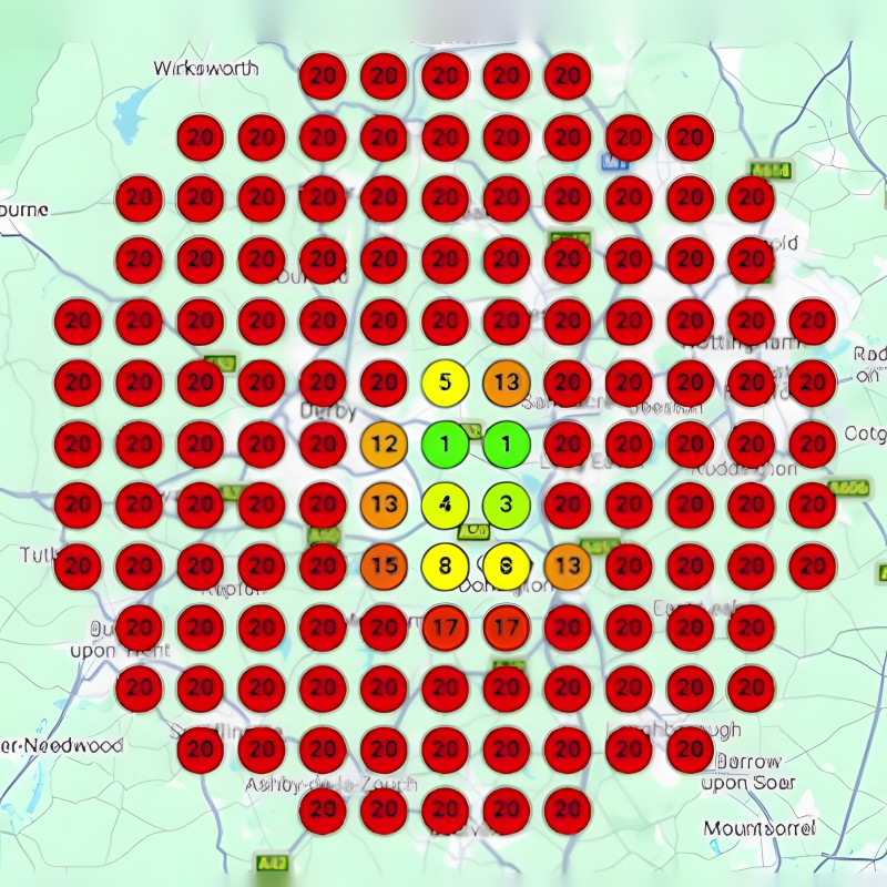 Rank grid over a town: green top three markers only in the center, red markers everywhere else