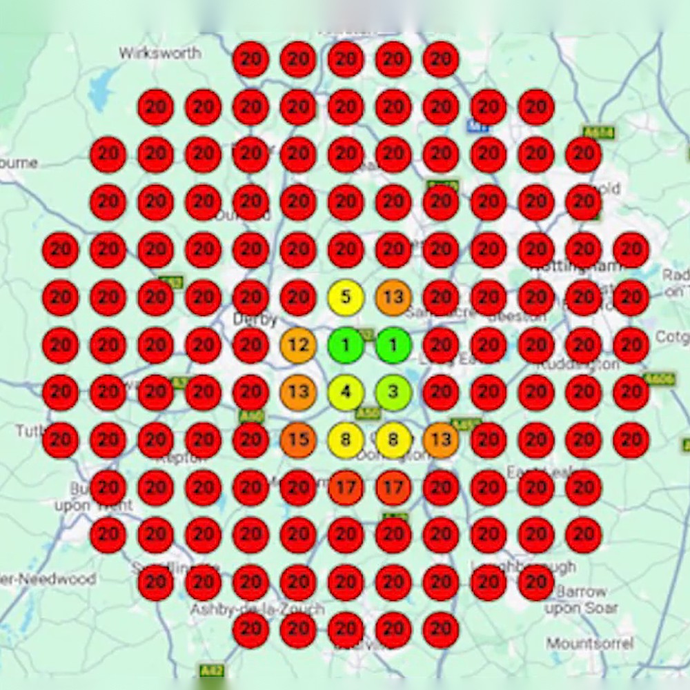 Rank grid showing a small green center surrounded by red markers